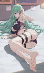 1girl absurdres akari_(gurennragenn) ass barefoot bra breasts chain closed_mouth feet fishnet_pantyhose fishnets foreshortening green_hair highres large_breasts lingerie long_hair looking_at_viewer lying on_side panties pantyhose purple_bra purple_eyes purple_nails purple_panties single_leg_pantyhose smile soles solo thigh_strap toes underwear virtual_youtuber vspo! yakumo_beni