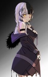 1girl absurdres arm_strap black_coat black_dress black_hair black_nails breasts closed_mouth coat dress fur-trimmed_coat fur_trim gradient_background grey_background grey_ribbon highres hololive hololive_english jewelry large_breasts long_hair looking_at_viewer multicolored_hair nyuusai ring shiori_novella shiori_novella_(1st_costume) smile solo split-color_hair two-tone_hair virtual_youtuber white_hair yellow_eyes