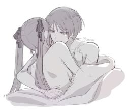 1boy 1girl bare_shoulders bite_mark bite_mark_on_neck bite_mark_on_shoulder blunt_ends bow breasts couple eyelashes genshin_impact greyscale hair_bow half-closed_eyes hand_on_another&#039;s_back hand_on_another&#039;s_chest heads_together hetero hug long_hair looking_at_another mona_(genshin_impact) monochrome naysucc scaramouche_(genshin_impact) shoulder_blades sideboob sidelocks sketch small_breasts topless_female topless_male twintails twitter_username under_covers wanderer_(genshin_impact) white_background wispy_bangs