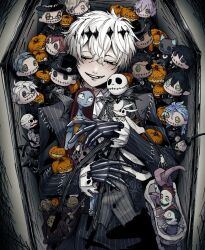1boy ascot azul_ashengrotto barrel_(nbc) bathtub black_gloves black_hairband black_jacket black_pants blush button_eyes buttons character_doll closed_eyes coffin cowboy_shot diamond_hairband dr._finkelstein epel_felmier frilled_sleeves frills from_above gloves grey_vest grim_(twisted_wonderland) grin hair_between_eyes hairband holding holding_stuffed_toy hugging_doll hugging_object idia_shroud jack-o&#039;-lantern jack_skellington jacket jade_leech jamil_viper leona_kingscholar lock_(nbc) long_sleeves lying male_focus malleus_draconia mitsuro_illust on_back pants pinstripe_jacket pinstripe_pants pinstripe_pattern pinstripe_vest riddle_rosehearts sally_(nbc) sebek_zigvolt shirt shock_(nbc) short_hair skully_j._graves smile solo stitched_mouth stitches striped_clothes striped_jacket striped_pants striped_vest stuffed_toy the_nightmare_before_christmas trey_clover twisted_wonderland u_u vertical-striped_clothes vertical-striped_jacket vertical-striped_pants vertical-striped_vest vest vil_schoenheit white_ascot white_hair white_shirt yuu_(twisted_wonderland) zero_(nbc)