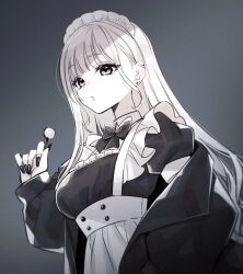 1girl black_background black_bow black_bowtie bow bowtie breasts candy collared_dress commentary_request dress ear_piercing fingernails food goshi-san highres holding holding_candy holding_food holding_lollipop jacket lollipop long_hair maid maid_headdress monochrome nail_polish open_clothes open_jacket original piercing solo