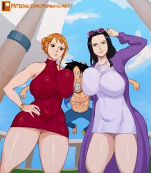 1boy 2girls absurdres between_breasts black_hair blue_sky breast_press breasts cleavage cloud covered_erect_nipples femboycarti highres huge_breasts large_breasts looking_at_viewer monkey_d._luffy multiple_girls nami_(one_piece) nami_(one_piece)_(whole_cake_island) nico_robin one_piece one_piece:_stampede orange_hair sky tinted_eyewear