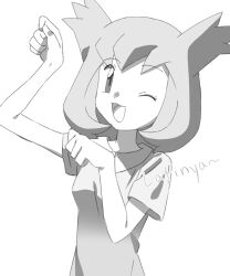 1girl ;d bianca_(pokemon_heroes) breasts commentary eyelashes flipped_hair greyscale highres jiffyswirl medium_hair monochrome nintendo one_eye_closed open_mouth paw_pose pokemon pokemon_(anime) pokemon_(classic_anime) pokemon_heroes:_latios_&amp;_latias shirt short_sleeves smile solo two_side_up upper_body
