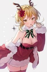 1girl :o absurdres alternate_costume animal_ears antlers artist_name bare_shoulders belt blonde_hair breasts cleavage commentary_request cowboy_shot deer_ears dress fake_animal_ears fake_horns flower fur-trimmed_dress fur-trimmed_jacket fur_trim genshin_impact grey_background hair_flower hair_ornament hand_up highres hiwokawa horns jacket long_sleeves looking_at_viewer lumine_(genshin_impact) off_shoulder open_mouth red_dress red_flower red_jacket red_thighhighs short_hair_with_long_locks sleeveless sleeveless_dress solo sparkle thighhighs yellow_eyes