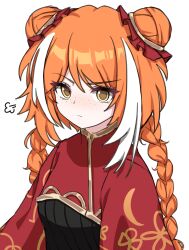 1girl absurdres braid brown_eyes closed_mouth commentary_request double_bun dress freckles hair_between_eyes hair_bun highres ishmael_(project_moon) jia_xichun_(project_moon) korean_commentary limbus_company long_hair looking_at_viewer low_twintails multicolored_hair orange_hair project_moon red_dress simple_background solo sprout_(haji_s) streaked_hair twin_braids twintails upper_body v-shaped_eyebrows very_long_hair white_background white_hair