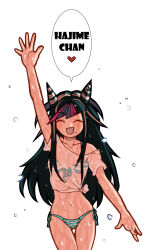 1girl arm_up bikini bikini_visible_through_clothes black_hair blue_hair closed_eyes danganronpa_(series) danganronpa_2:_goodbye_despair dripping fang hair_horns heart highres long_hair mioda_ibuki mole mole_under_mouth multicolored_hair n0_image navel open_mouth pink_hair see-through_clothes short_sleeves simple_background single_bare_shoulder smile solo speech_bubble spoken_heart stomach swimsuit wet wet_clothes white_background white_hair