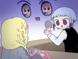 Rule 34 | 2girls, :&gt;, black pants, black vest, blonde hair, character request, collared shirt, commentary request, earrings, grey hair, grey jacket, holding, jacket, jewelry, kyatapi land, multiple girls, open mouth, pants, purple eyes, shirosato, shirt, smile, spill, triangle mouth, vest, wet, wet hair, white shirt, yuu (kyata ti666)