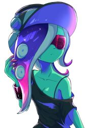 1girl aqua_background baseball_cap breasts cleavage closed_mouth collarbone colored_skin commentary_request dedf1sh gradient_hair green_skin hair_over_one_eye hat headphones long_hair medium_breasts multicolored_hair nintendo octoling off_shoulder pink_hair purple_hair sanitized_(splatoon) simple_background single_bare_shoulder solo splatoon_(series) splatoon_3 strap_slip sunglasses tentacle_hair togeshiro_azami two-tone_hair