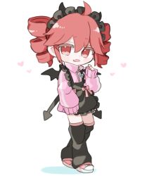 Rule 34 | 1girl, ahoge, alternate costume, apron, black apron, black hairband, black thighhighs, black wings, blush, double-parted bangs, drill hair, fang, flat chest, frilled apron, frilled hairband, frills, full body, hair between eyes, hairband, hand up, heart, highres, jacket, kasane teto, long sleeves, maro maro 3939, open mouth, over-kneehighs, pink jacket, pink shoes, red eyes, red hair, shoes, simple background, skin fang, sleeves past wrists, sneakers, solo, standing, thighhighs, track jacket, twin drills, utau, waist apron, white background, wings, zipper