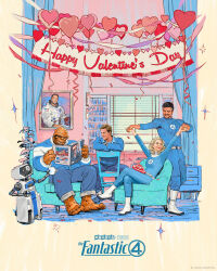 1girl 1other 2024 3boys astronaut ben_grimm bookshelf chair commentary cup english_commentary fantastic_four h.e.r.b.i.e. happy_valentine heart highres indoors johnny_storm male_focus marvel marvel_cinematic_universe multiple_boys official_art on_chair pedro_pascal photo_(object) picture_frame realistic reed_richards robot sitting smile sue_storm the_fantastic_four:_first_steps white_footwear
