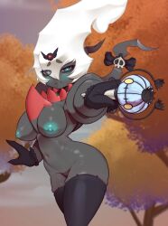 1girl absurdres aiming aiming_at_viewer arm_up black_bow black_gloves black_skin black_thighhighs blue_eyes blue_nipples blurry blurry_background blush bow breasts bright_pupils chandelure closed_mouth colored_nipples colored_skin cowboy_shot creatures_(company) darkrai day duskull eyes_visible_through_hair female_focus game_freak gem gen_3_pokemon gen_4_pokemon gen_5_pokemon gloves grey_sky groin hair_between_eyes hair_ornament half-closed_eyes highres hitmanatee holding holding_wand large_breasts legendary_pokemon long_hair looking_at_viewer mythical_pokemon navel nintendo nipples nude objectification outdoors outstretched_arm personification pokemon pokemon_(creature) raised_eyebrows red_gemstone sidelocks skindentation skull sky solo standing stomach thighhighs tree wand white_hair white_pupils wide_hips