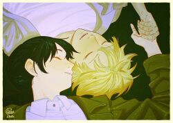 1boy 1girl artist_name black_hair blonde_hair chainsaw_man closed_eyes denji_(chainsaw_man) hetero highres holding_hands mitaka_asa sharp_teeth simple_background smile teeth vlaskaaaaa