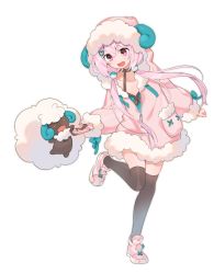 1girl akagashi_hagane alternate_color animal_hood black_thighhighs camisole commentary crossover dress fake_horns floating full_body fur_trim gen_5_pokemon green_camisole hair_ornament hairclip holding_hands hood horns indie_virtual_youtuber leg_up long_hair low_twintails nintendo open_mouth pink_dress pink_eyes pink_hair pink_shoes pokemon pokemon_(creature) sheep shiny_pokemon shoes short_dress simple_background smile standing standing_on_one_leg thighhighs tomari_mari twintails unzipped virtual_youtuber whimsicott white_background wool zipper