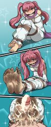 1girl absurdres arms_behind_back bdsm blush bondage bound bound_ankles bound_arms bound_legs bound_torso clenched_teeth cum cum_on_body cum_on_feet dirty dirty_feet fire_emblem fire_emblem:_the_blazing_blade foot_focus gagged hair_tie highres knees_up long_hair meteorreb0rn multiple_views nintendo panels penis pink_hair pov pov_crotch purple_eyes rope serra_(fire_emblem) sitting soles solo_focus spread_toes star_(symbol) star_symbol_background tears teeth toes twintails