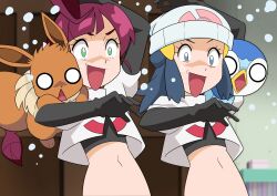 2girls absurdres arm_up beanie blank_eyes blurry chloe_(pokemon) closed_mouth commentary_request cosplay dawn_(pokemon) eevee elbow_gloves eyelashes frown gen_1_pokemon gen_4_pokemon gloves green_eyes hainchu hair_ornament hairclip hat highres indoors jacket jessie_(pokemon)_(cosplay) logo long_hair looking_down multiple_girls navel nintendo on_shoulder piplup pokemon pokemon_(anime) pokemon_(creature) pokemon_journeys pokemon_on_shoulder purple_hair shirt sidelocks sweatdrop team_rocket team_rocket_uniform upper_body white_hat white_jacket wide-eyed