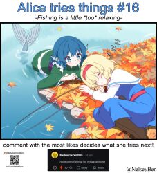 2girls alice_margatroid autumn_leaves blonde_hair blue_dress blue_eyes blue_hair blush bnelsey boots brown_boots capelet closed_eyes closed_mouth commentary dress drill_hair drill_sidelocks english_commentary english_text fins fishing_rod green_kimono hairband head_fins japanese_clothes kimono ko-fi_logo leaf long_sleeves looking_at_another lying medium_hair mermaid monster_girl multiple_girls obi on_side open_mouth outdoors qr_code red_hairband request_inset sash screenshot_inset sidelocks sleeping smile touhou twitter_username wakasagihime water watermark web_address white_capelet wide_sleeves zzz