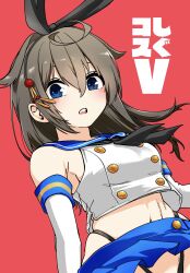 Rule 34 | 1girl, ahoge, alternate hairstyle, black hair, black hairband, black neckerchief, black panties, blue eyes, blue sailor collar, blue skirt, cosplay, cowboy shot, crop top, elbow gloves, gloves, gouta (nagishiro6624), hair down, hair flaps, hairband, highleg, highleg panties, highres, kantai collection, long hair, looking at viewer, microskirt, miniskirt, navel, neckerchief, panties, pleated skirt, red background, sailor collar, shigure (kancolle), shigure kai san (kancolle), shimakaze (kancolle), shimakaze (kancolle) (cosplay), shirt, skirt, sleeveless, sleeveless shirt, solo, underwear, white gloves