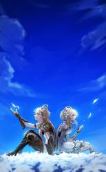 1boy 1girl absurdres aether_(genshin_impact) ahoge bare_shoulders black_gloves blonde_hair blue_trim braid brother_and_sister closed_mouth dress earrings feather_hair_ornament feathers flower genshin_impact gloves hair_between_eyes hair_flower hair_ornament highres jewelry long_hair lumine_(genshin_impact) multicolored_flower romper scarf shirt short_hair short_hair_with_long_locks siblings sidelocks smile soma_meimei258 white_dress white_flower white_romper white_scarf yellow_eyes