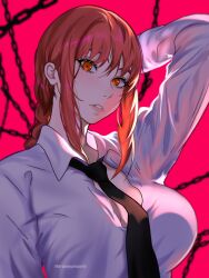 Rule 34 | 1girl, absurdres, alternate costume, arm behind head, artist name, black necktie, braid, breasts, chainsaw man, harutoyumaarts, highres, large breasts, looking at viewer, makima (chainsaw man), necktie, red background, shirt, sidelocks, simple background, solo, upper body, white shirt