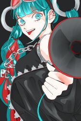 1girl 39 absurdres aqua_eyes aqua_hair black_background black_jacket blunt_bangs braid chain chain_necklace ear_piercing goggles goggles_on_head hair_ornament hatsune_miku hero_(vocaloid) highres holding holding_megaphone jacket jewelry long_hair magical_mirai_(vocaloid) magical_mirai_miku magical_mirai_miku_(2023) mangomelange megaphone multicolored_hair necklace piercing sleeveless smile solo tongue tongue_out twin_braids twintails two-tone_hair vocaloid