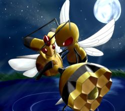 beedrill gen_1_pokemon gen_4_pokemon lowres moon nintendo no_humans pokemon pokemon_(creature) red_eyes vespiquen wings