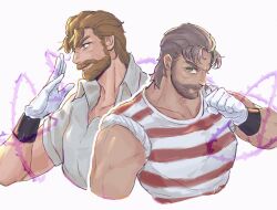 1boy beard brown_hair clenched_hand closed_mouth collared_shirt connected_beard cropped_torso facial_hair gloves green_eyes grey_hair grey_shirt hermit_purple highres jojo_no_kimyou_na_bouken joseph_joestar joseph_joestar_(old) male_focus mature_male multiple_views shirt simple_background sleeves_rolled_up stardust_crusaders striped_clothes striped_shirt vamos_mk white_background white_gloves