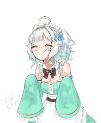 1girl absurdres ahoge apron aqua_dress aqua_sleeves bare_shoulders black_bow black_bowtie blue_bow blue_eyes bow bowtie breasts center_frills christmas cleavage commentary detached_collar detached_sleeves dress english_commentary frills gradient_hair green_eyes green_hair hair_bow hair_ornament half-closed_eyes highres indie_virtual_youtuber looking_at_viewer maid_apron maid_headdress mint_fantome mint_fantome_(minto_2.0) multicolored_hair no_nose short_hair simple_background sioell sleeves_past_fingers sleeves_past_wrists small_breasts smug solo virtual_youtuber white_apron white_background white_hair white_headdress wing_collar x_hair_ornament