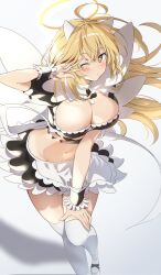 1girl blonde_hair breasts ci31205 cleavage elbow_gloves fake_wings fallen_angel_ero_maid_costume gloves hand_on_own_thigh highres large_breasts leaning_forward long_hair looking_at_viewer maid navel one_eye_closed shokuhou_misaki sparkling_eyes thighhighs toaru_kagaku_no_mental_out toaru_kagaku_no_railgun toaru_majutsu_no_index unconventional_maid w w_over_eye white_background white_thighhighs wings yellow_eyes
