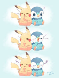 :3 :d ? artist_name blue_background blue_eyes blush brown_eyes closed_eyes commentary_request gen_1_pokemon gen_4_pokemon highres mugita_konomi nintendo no_humans one_eye_closed open_mouth pikachu piplup pokemon pokemon_(creature) sitting sleeping smile yawning zzz