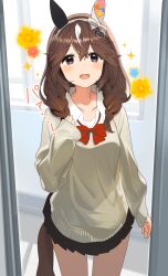 Rule 34 | 1girl, absurdres, alternate costume, ashinowoto, blush, braid, breasts, brown eyes, brown hair, commentary request, curren bouquetd&#039;or (umamusume), flower, hairband, highres, horse girl, horse tail, long hair, looking at viewer, low twin braids, open mouth, school uniform, small breasts, solo, tail, thighs, twin braids, umamusume