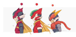 Rule 34 | 3boys, armor, blonde hair, dark-skinned male, dark skin, forehead jewel, from side, grey (mega man), helmet, highres, jacket, long hair, male focus, mayutsuba mono, mega man (series), mega man zero (series), mega man zx, mega man zx advent, model a (mega man), model zx (mega man), multiple boys, profile, red armor, red helmet, red jacket, upper body, vent (mega man), zero(z) (mega man), zero (mega man)