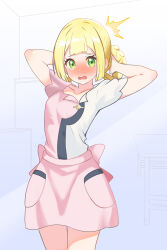 1girl ^^^ absurdres arms_behind_head blonde_hair blush braid collarbone commentary_request cosplay cowboy_shot eyelashes green_eyes hands_up highres joy_(pokemon) joy_(pokemon)_(cosplay) lillie_(pokemon) looking_at_viewer nintendo open_mouth pink_skirt pokemon pokemon_sm shirokumaru_(yafm7388) shirt short_sleeves skirt solo