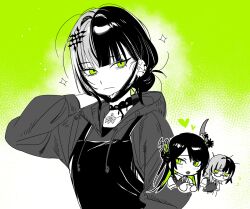 2girls apron closed_mouth commentary cosplay demon_horns glasses heart highres hololive hololive_english horns kininatteru_hito_ga_otoko_ja_nakatta koga_mitsuki koga_mitsuki_(cosplay) long_hair mole mole_under_eye multicolored_hair multiple_girls nerissa_ravencroft oosawa_aya oosawa_aya_(cosplay) shiori_novella short_hair sparkle symbol-only_commentary virtual_youtuber yomosaka