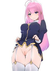 1girl absurdres ahoge blue_eyes blunt_bangs blush breasts dress enicia_(enicia_to_keiyaku_mon) enicia_to_keiyaku_mon from_below hair_between_eyes highres looking_down medium_breasts nun pantyhose perky_breasts pink_hair pleated_dress pleated_skirt puffy_nipples simple_background skirt straydogshelter thighhighs white_background white_pantyhose