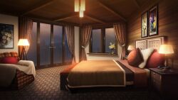 balcony bed bedroom blanket carpet chair condensation curtains daffodil dark desk_lamp flower forest hanging_light highres indoors lamp lodge mountainous_horizon nature night non-web_source official_art our_life our_life:_beginnings_and_always photo_(object) pillow plant potted_plant railing sunrise variant_set window window_fog