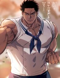 1boy aged_down biceps black_hair blue_neckerchief blurry blurry_background buttons clenched_hand closed_mouth collarbone collared_shirt commentary_request domo_(domo_kizusuki) frown grey_eyes highres looking_at_viewer male_focus monkey_d._garp muscular muscular_male neckerchief one_piece outstretched_arm pectoral_cleavage pectorals scar scar_on_face serious shirt short_hair sleeveless sleeveless_shirt solo translation_request v-shaped_eyebrows veins veiny_arms white_shirt wing_collar