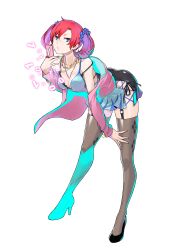 1girl absurdres black_shoes blue_dress blue_eyes bracelet breasts brown_thighhighs cellphone cleavage digimon digimon_story:_cyber_sleuth digimon_story:_cyber_sleuth_-_hacker&#039;s_memory dress full_body high_heels highres holding holding_phone jewelry looking_at_viewer medium_breasts necklace off_shoulder official_art open_clothes open_shirt phone pink_shirt red_hair ring see-through_clothes see-through_thighhighs shiramine_nokia shirt shoes simple_background smartphone solo thighhighs transparent_background