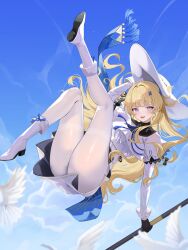 1girl absurdres ankle_boots bird black_gloves blonde_hair blue_eyes blue_sky blush boots cloud cloudy_sky commentary day floating_hair gloves hair_intakes hair_ornament hand_on_own_hat hat highres holding holding_staff long_hair long_sleeves looking_at_viewer open_mouth pantyhose phoebe_(wuthering_waves) ponya_0000 shirt skirt sky smile solo staff white_bird white_boots white_hat white_pantyhose white_shirt white_skirt wuthering_waves x_hair_ornament