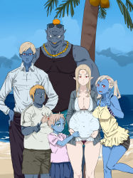3boys 3girls blue_skin colored_skin elf ginzou highres multiple_boys multiple_girls ogre pointy_ears pregnant v