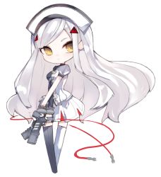 1girl asymmetrical_legwear black_dress black_lilith black_thighhighs breasts brown_eyes character_request closed_mouth dress dual_wielding full_body gun hair_ornament handgun holding holding_gun holding_weapon kotatu_(akaki01aoki00) last_origin long_hair looking_at_viewer medium_breasts mismatched_legwear pistol pleated_dress puffy_short_sleeves puffy_sleeves short_sleeves sign silver_hair simple_background solo standing swept_bangs thighhighs two-tone_dress very_long_hair warning_sign weapon white_background white_dress white_headwear white_thighhighs