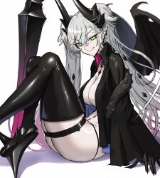 1girl black_jacket boots breasts cleavage fate/grand_order fate_(series) green_eyes high_heel_boots high_heels highres horns jacket long_hair looking_at_viewer ordeal_call_servant_(female) pointy_ears shiroshisu sitting smile solo thigh_boots thigh_strap twintails white_background white_hair