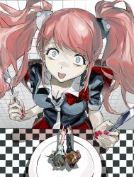 Rule 34 | 1girl, 2boys, bear hair ornament, black shirt, blonde hair, bow, breasts, cleavage, danganronpa: trigger happy havoc, danganronpa (series), enoshima junko, fork, giant, hair ornament, highres, hinata hajime, holding, holding fork, holding knife, knife, large breasts, lbhzp, long hair, looking at viewer, mini person, miniboy, multiple boys, nail polish, necktie, plate, red bow, red nails, shirt, skirt, smile, twintails