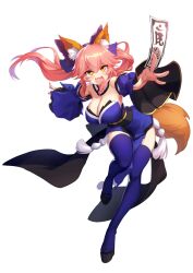 Rule 34 | 1girl, :d, animal ear fluff, animal ears, bare shoulders, between fingers, black shoes, blue bow, blue sleeves, blue thighhighs, bow, breasts, cleavage, commentary request, detached sleeves, fang, fate/extra, fate (series), fingernails, fox ears, fox tail, full body, hair bow, highres, holding, japanese clothes, large breasts, long hair, looking at viewer, ofuda, ofuda between fingers, okobo, open mouth, pink hair, platform sandals, sandals, shoes, simple background, skin fang, smile, solo, subaru (794829485), tail, tamamo (fate), tamamo no mae (fate/extra), thighhighs, white background, yellow eyes