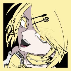 1girl aku_no_musume_(vocaloid) bare_shoulders blonde_hair bow cel_shading choker collarbone colored_eyelashes dress dress_bow dress_flower earrings erifura evil_eyes evil_smile evillious_nendaiki fangs flower frilled_choker frills hair_ornament hair_over_one_eye hairclip highres jewelry kagamine_rin limited_palette looking_at_viewer off-shoulder_dress off_shoulder open_mouth orange_eyes pearl_trim riliane_lucifen_d&#039;autriche sidelocks sideways_glance smile swept_bangs yellow_bow yellow_choker