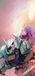 Rule 34 | arm cannon, glowing, glowing eye, gouf custom, gundam, gundam 08th ms team, highres, holding, holding sword, holding weapon, horns, insignia, mecha, moroboshi danshaku, one-eyed, pink eyes, robot, shoulder spikes, single horn, solo, spikes, sword, weapon, zeon