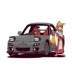 1girl animal_ears apron car closed_mouth commentary english_commentary fox_ears fox_girl fox_tail geta hakama hakama_skirt hands_on_own_hips japanese_clothes jestami kimono looking_at_viewer mazda mazda_rx-7 mazda_rx-7_fd medium_hair motor_vehicle orange_eyes orange_hair orange_tail red_skirt senko_(sewayaki_kitsune_no_senko-san) sewayaki_kitsune_no_senko-san simple_background skirt socks solo sports_car standing tabi tail white_background white_kimono white_socks