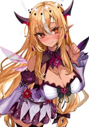 1girl :&gt; absurdres asymmetrical_wings black_bow black_thighhighs blonde_hair blush bow breasts chest_bow cleavage cleavage_cutout closed_mouth clothing_cutout commentary_request cosplay crystal_wings dark-skinned_female dark_skin detached_sleeves detached_wings dress hair_bow hand_up highres hololive hololive_english irys_(hololive) irys_(hololive)_(cosplay) irys_(irys_2.0)_(hololive) juliet_sleeves lace lace-trimmed_thighhighs lace_trim large_breasts long_hair long_sleeves looking_at_viewer low-tied_long_hair mismatched_wings multicolored_hair pointy_ears puffy_sleeves rum_raisin_(chihiromakita19) shiranui_flare short_dress simple_background sleeveless sleeveless_dress solo star-shaped_pupils star_(symbol) streaked_hair symbol-shaped_pupils thighhighs very_long_hair virtual_youtuber white_background white_dress white_hair white_sleeves wide_sleeves wings