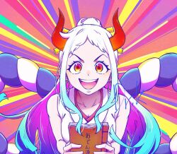 1girl book holding horns looking_at_viewer one_piece oni orange_eyes white_hair yamato_(one_piece)