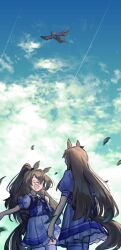Rule 34 | 2girls, absurdres, animal ears, bird, blue sky, bow, bowtie, breasts, brown hair, closed eyes, cloud, domino mask, ear bow, ear ornament, el condor pasa (umamusume), flying, grass wonder (umamusume), hair between eyes, hawk, highres, horse ears, horse girl, horse tail, leaf, long hair, mambo (umamusume), mask, multiple girls, open mouth, outdoors, ponytail, purple bow, purple bowtie, purple sailor collar, purple serafuku, purple shirt, purple skirt, red rlc, sailor collar, sailor shirt, school uniform, serafuku, shirt, skirt, sky, smile, tail, thighhighs, tracen school uniform, umamusume, white sailor collar, white skirt, white thighhighs, wings