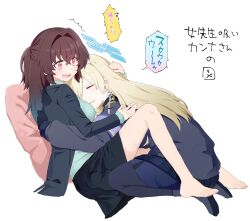2girls black_coat black_jacket black_pantyhose black_skirt blonde_hair blue_archive blush brown_hair closed_eyes coat commentary_request female_sensei_(blue_archive) female_sensei_(blue_archive)_(senta_(ysk_0218)) half_updo halo highres hug jacket kanna_(blue_archive) long_hair multiple_girls open_mouth pantyhose parted_lips pink_eyes sensei_(blue_archive) senta_(ysk_0218) simple_background skirt speech_bubble sweat translation_request white_background yuri